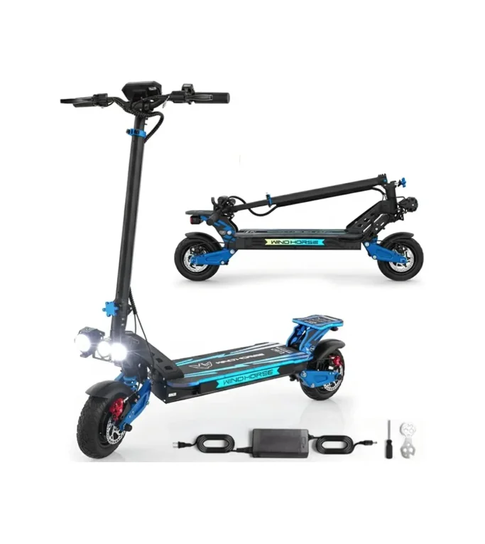 H8 Electric Folding Scooter 3600W, Dual 1800W Motors, 48V 27Ah Battery, 80KM/H Speed, 65KM Range, Dual Suspension, 10x3 Inches Tires - BLUE